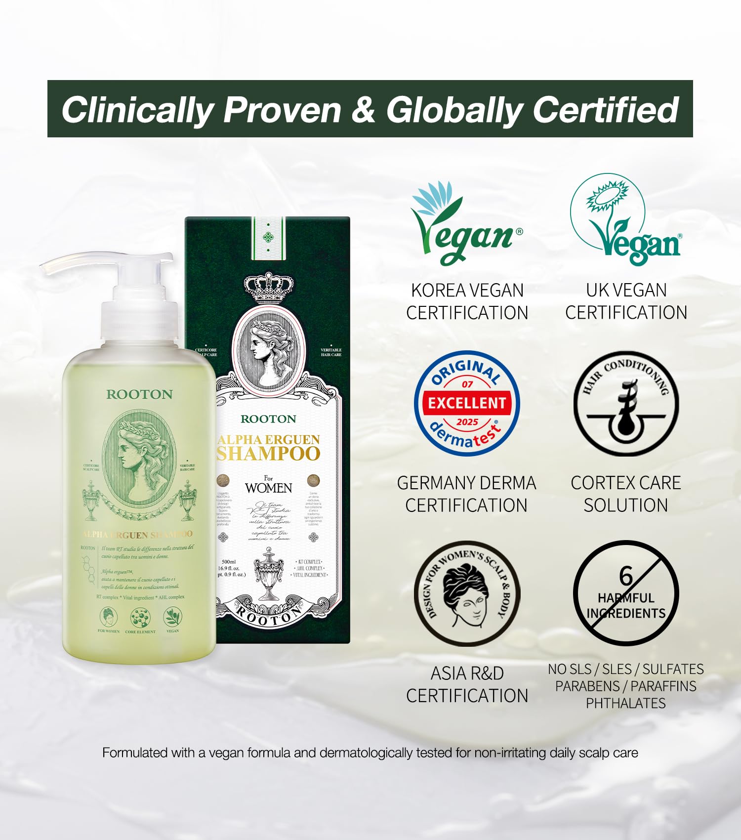Alpha Erguen Hair Loss Shampoo for Women, Vegan Scalp Care, 500ml