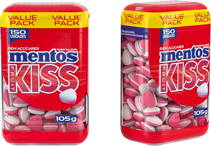 Dois potes de Mentos Kiss morango lado a lado exibindo a embalagem