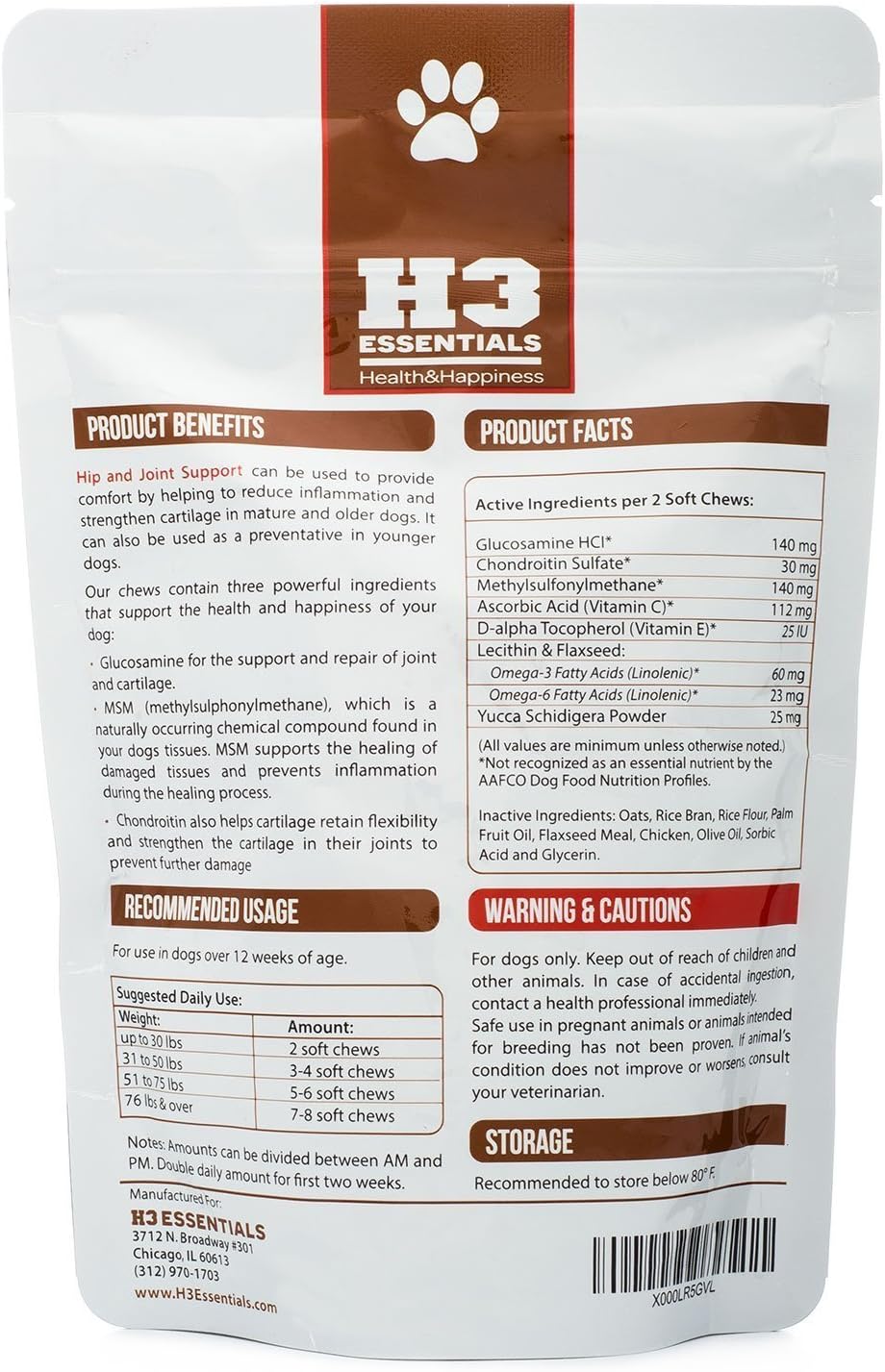 H3 Essentials Glucosamine for Dogs Hip and Joint Supplement for Dogs - Joint Supplement Glucosamine Chondroitin Hip Pain Health and Arthritis Relief - 6 oz