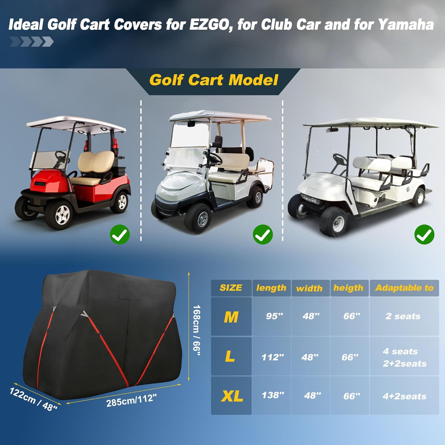 X AUTOHAUX Golf Cart Cover Fit for 4/2+2 Passenger Cart, Heavy Duty 420D Oxford Fabric Waterproof Windproof Durable Golf Cart Cover for Yamaha, for Honda, for Club Car, for EZGO Golf Cart