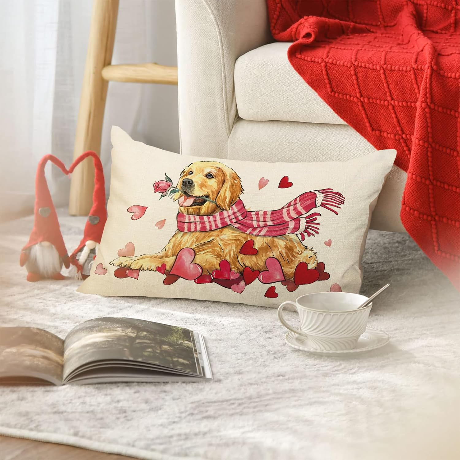 Fahrendom Valentine's Day Lumbar Decorative Rectangle Pillow Cover 12x20, Golden Retriever Dog Puppy Red Love Heart Porch Patio Outdoor Pillowcase, Anniversary Wedding Holiday Cushion Case Home Decor - Image 4