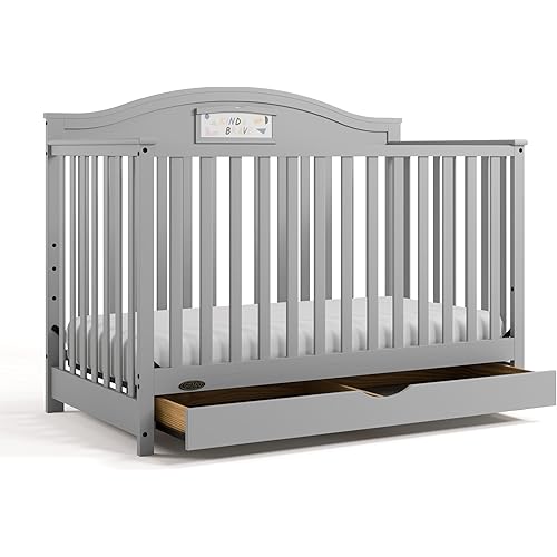 Graco Story 5-in-1 Convertible Crib with Drawer – GREENGUARD Gold Certified Wood Crib, Converts to Toddler Bed, Daybed, Full-Size Bed, Nursery Storage Drawer, Reversible Headboard (Pebble Gray)