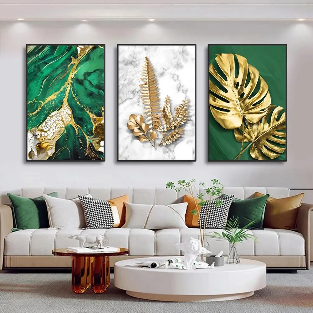 WUHBCZ Canvas Paints-Abstract Gold Leaf Wall Art Painting Green Marble Texture Gold Foil Art Poster Printing for Living Kitchen Office Room Home Decoration-60 * 70cm/3PCS (No Frame)
