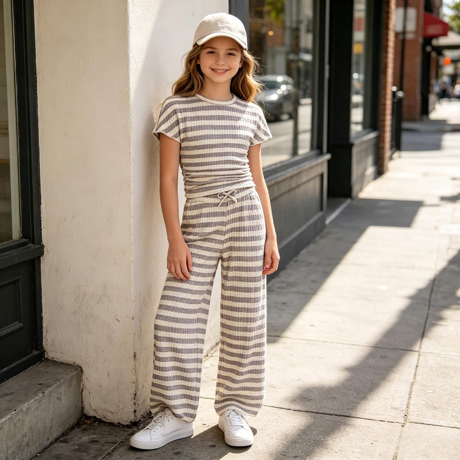 Girls 2-Piece Outfits Short Sleeve Striped Top & Wide Leg Pants Girls Fashion Casual Clothing Set Size 7-16 Years