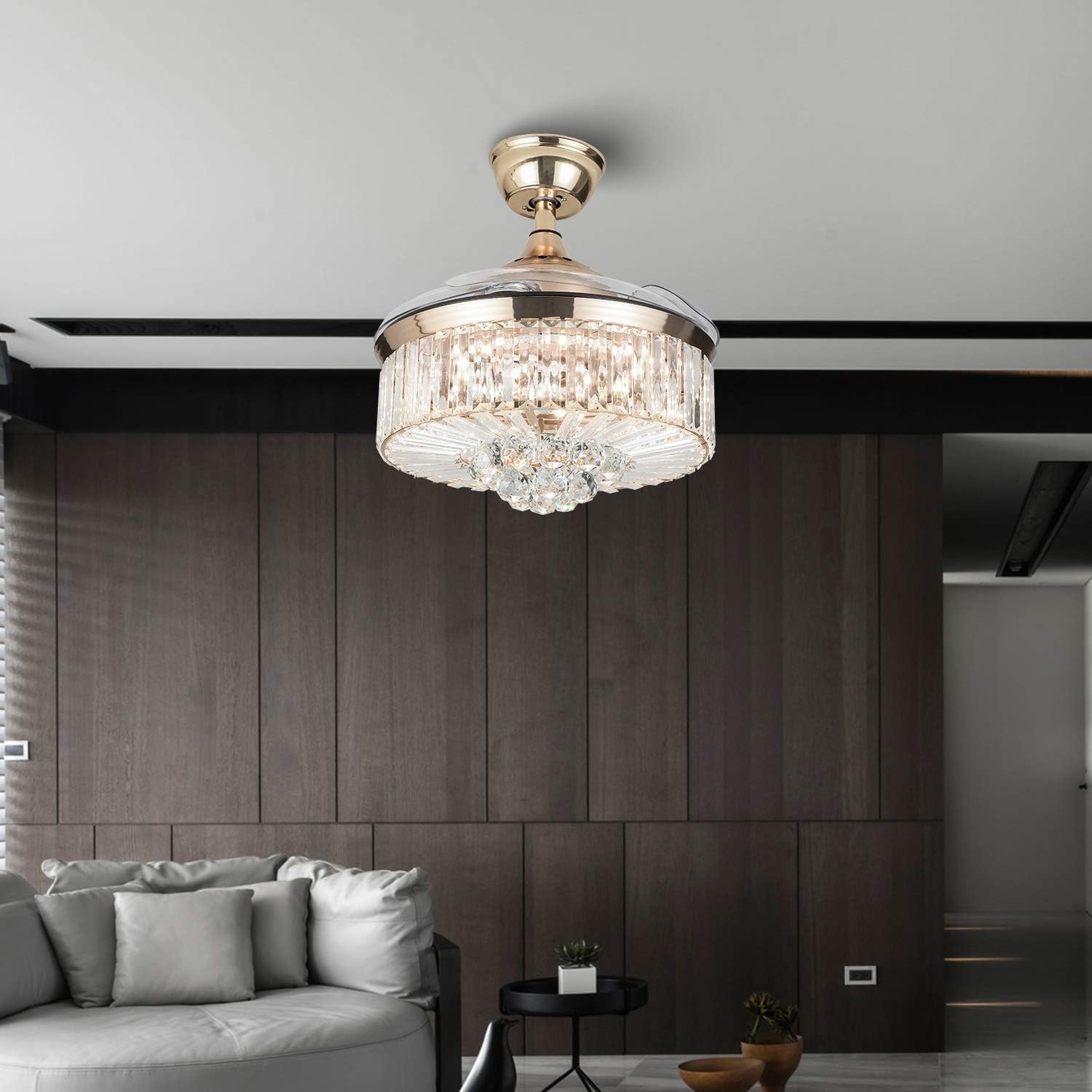 Buy 2 get 3 Modern Golden Crystal Ceiling Fan with Lights and Remote Chandelier with Retractable Reversible Blades, 36 inch Fandelier with LED Light Kit Polishing Gold