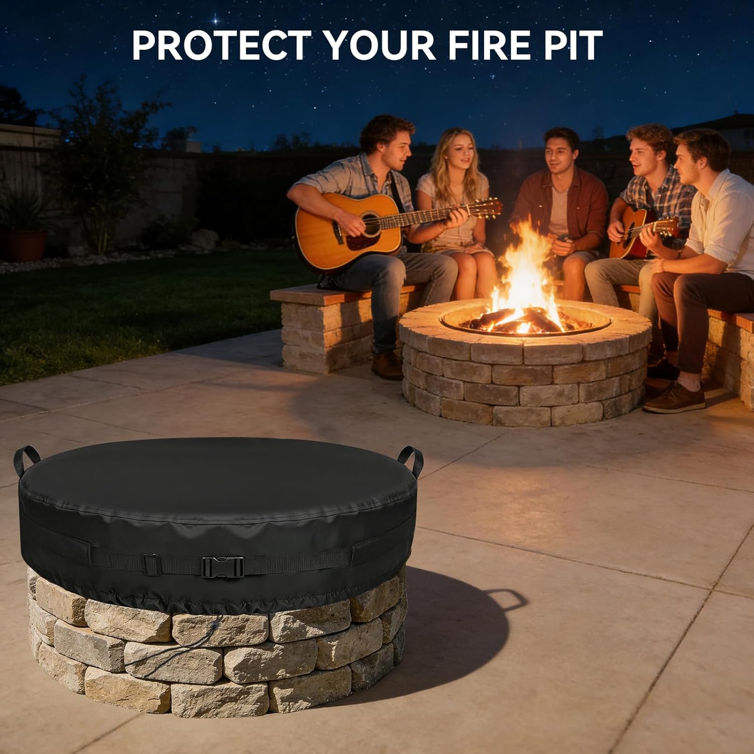 Onlyme Fire Pit Cover Round for In-Ground Fire Pits, 62-66 Inch Weather-resistant Large Round Stone Outdoor Firepit Cover for Garden Patio Backyard, 66*9Inches, Black