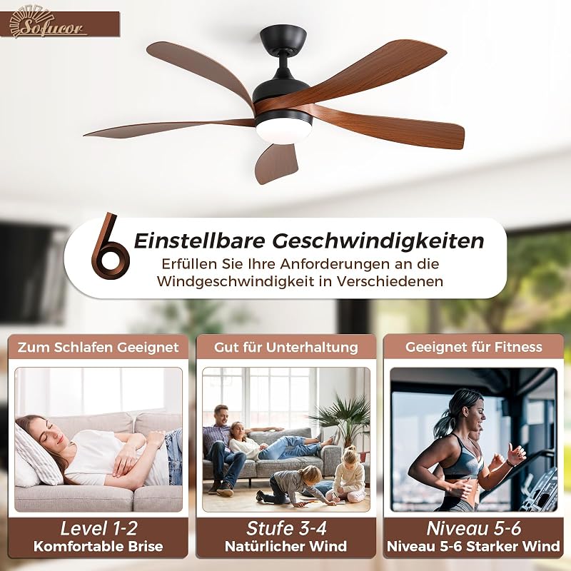 Sofucor 132 cm Mennyezeti Ventilátor Lámpával, Távirányítóval, 6 Fokozat, Időzítő, Hálószobához
