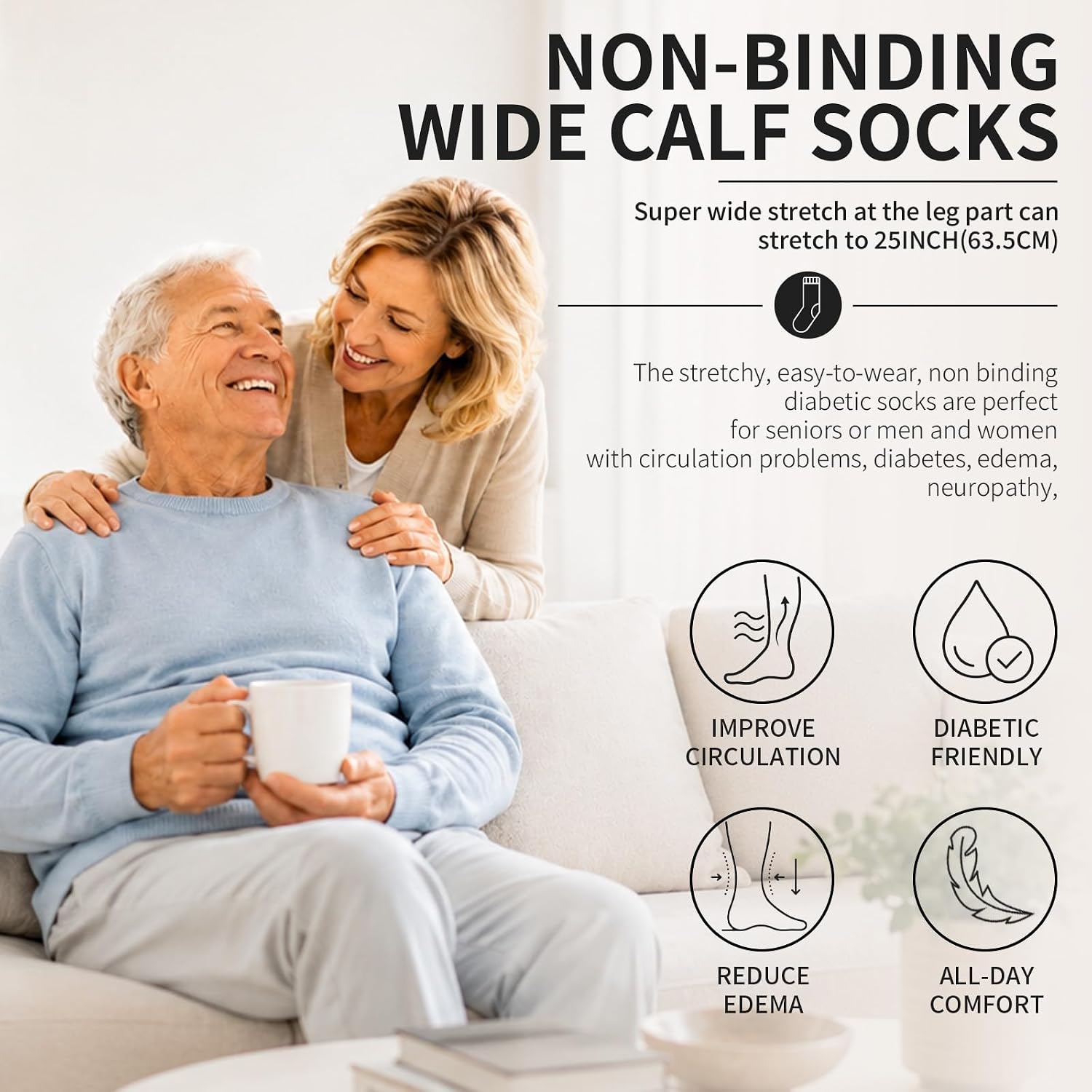 Extra Wide Bariatric Socks for Swollen Feet & Calves – Non Binding Cushioned Diabetic Friendly Socks, Up to 25” Wide Stretch, Soft Terry Cast & Walking Boot Socks for Men & Women 3 Pairs