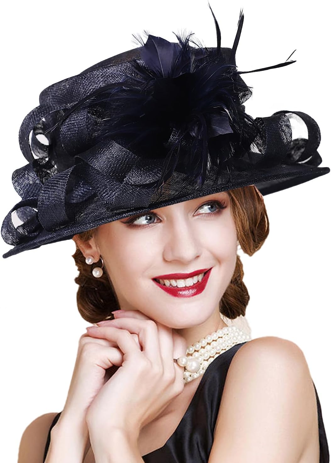 HIMESPORT Retro Sinamay Feather Fascinator Hat Cloche Bucket Bowler Hat with Bowknot Cocktail Party Bridal Wedding Dress Hat