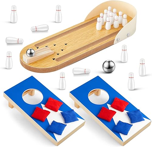 Wettarn Juego de 2 y 1 juego de mini bolos portátil de escritorio con 4 bolsas rojas y 4 azules, sacos de frijoles de mesa Cornhole para el hogar,
