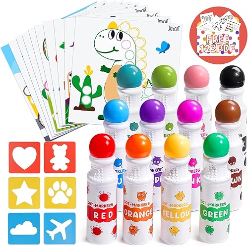 JoyCat Marcadores de puntos lavables para niños, 12 colores, marcadores de pintura de puntos no tóxicos de 2 onzas líquidas con 10 papeles de