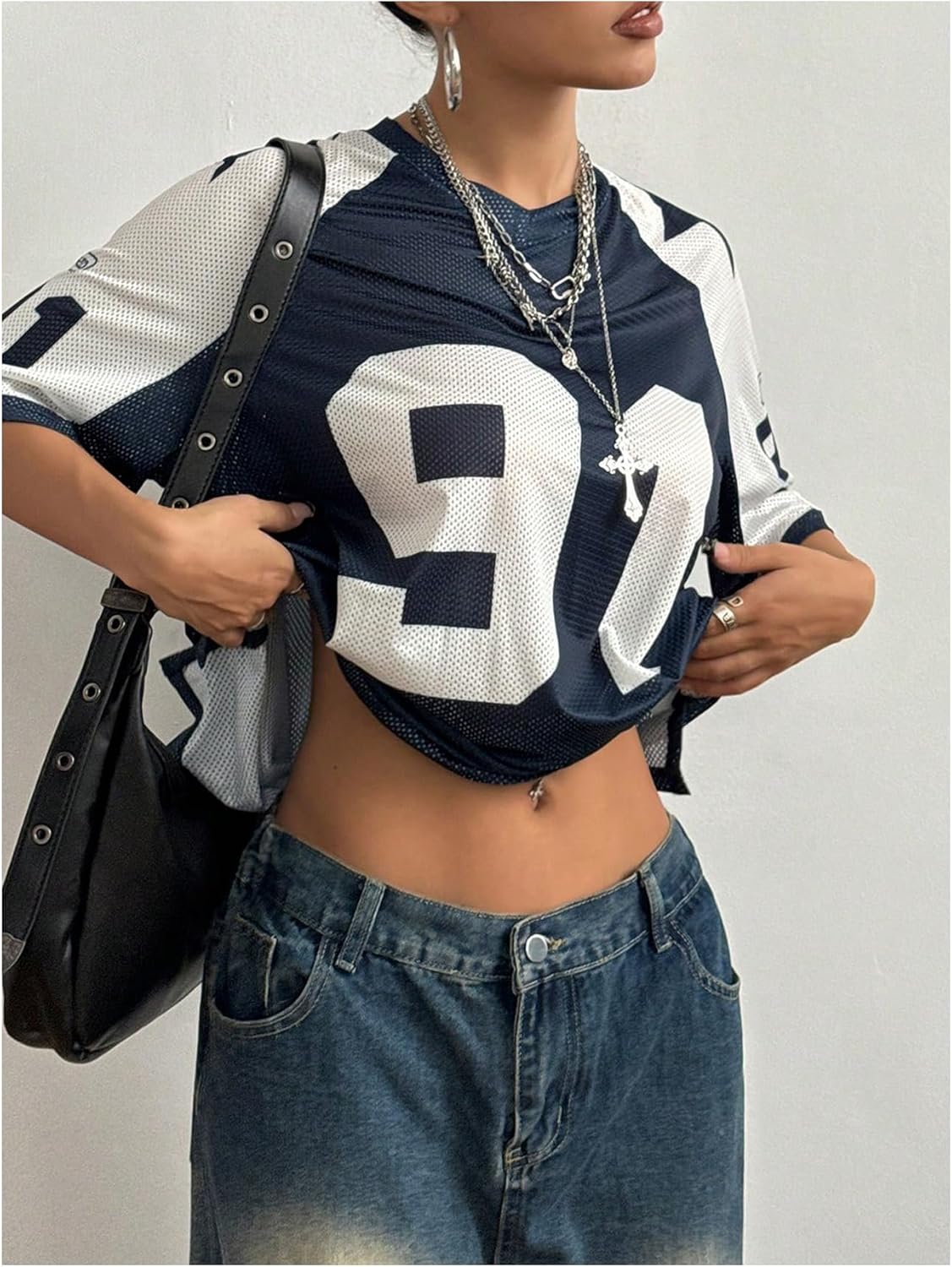 SHENHE Women's Oversized Graphic Football Jersey Shirt Mesh Short Sleeve Tee Top Streetwear - Image 3