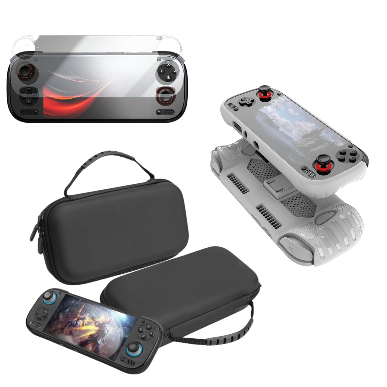 3-in-1 Accessory Kit Compatible with Ayn Odin 3 Handheld, TPU Shockproof Case with Stand, EVA Storage Bag, Tempered Glass Screen Protector (White)