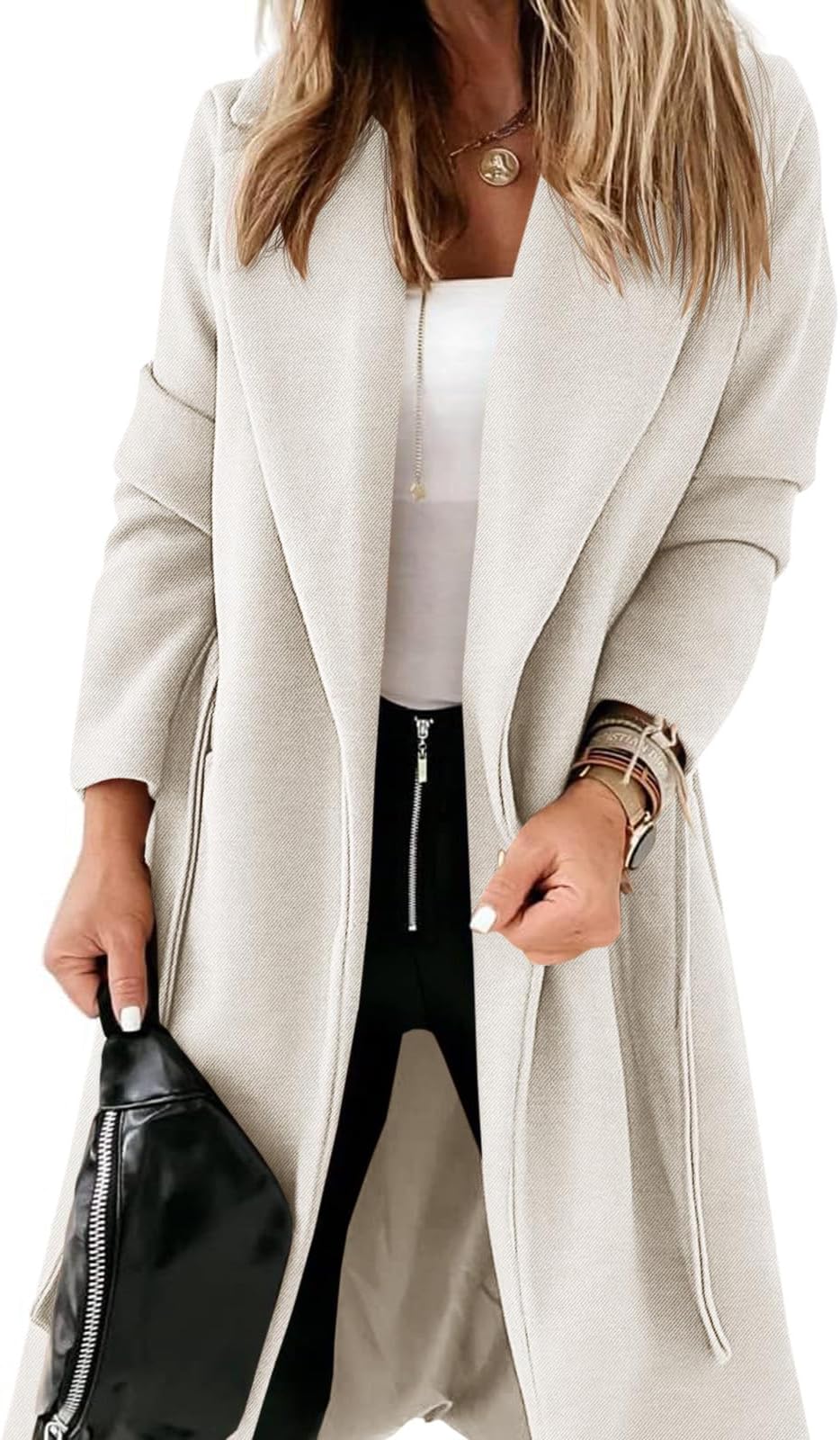 LadiyoWomens Classic Coat Lapel Collar Open Front Belted Long Jacket