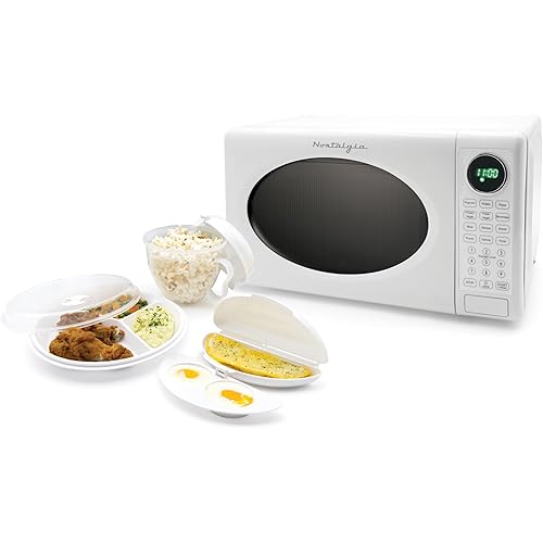 Nostalgia Modern Retro Countertop Microwave Oven - 700-Watt - 0.7 cu ft - Retro Microwave and Accessory Bundle with Popcorn Popper, Egg Poacher / Omelet Cooker, and Divided Plate with Cover - White
