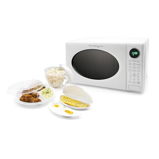 Nostalgia Modern Retro Countertop Microwave Oven - 700-Watt - 0.7 cu ft - Retro Microwave and Accessory Bundle with Popcorn Popper, Egg Poacher / Omelet Cooker, and Divided Plate with Cover - White