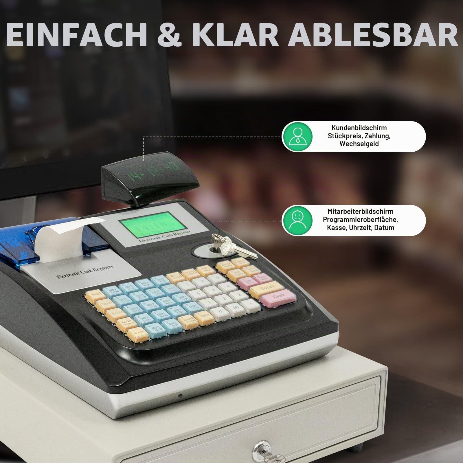 Elektrische Registrierkasse, LED Display 48 Tasten Registrierkasse, 100-240V Registrierkasse mit 36 Abteilungen, Registrierkassen für Einzelhändler, Lebensmittelmärkte, Metzgereien, Supermärkte