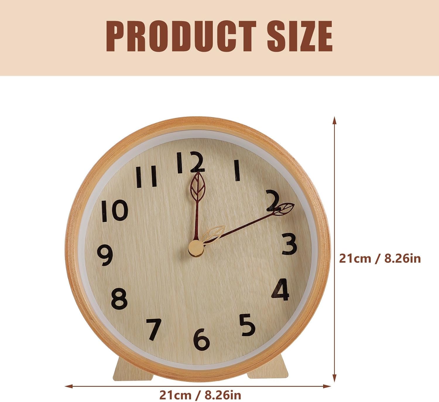 Wooden Silent Table Clock 8-inch with Basswood Frame, Large Trendy Numbers, Decorative Desktop Ornament for Home and Office