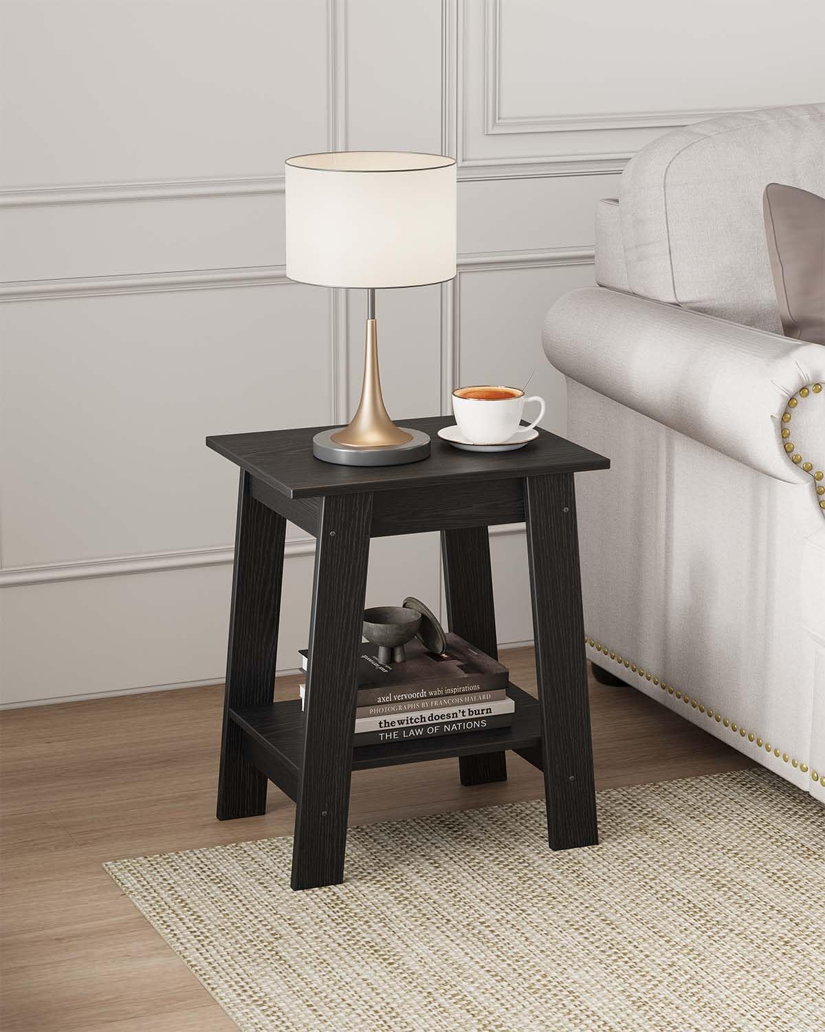 idealhouse small end table, side table with 2-layer storage shelves, rustic wooden accent table for small spaces, narrow nightstand for living room, bedroom, entryway, farmhouse, black