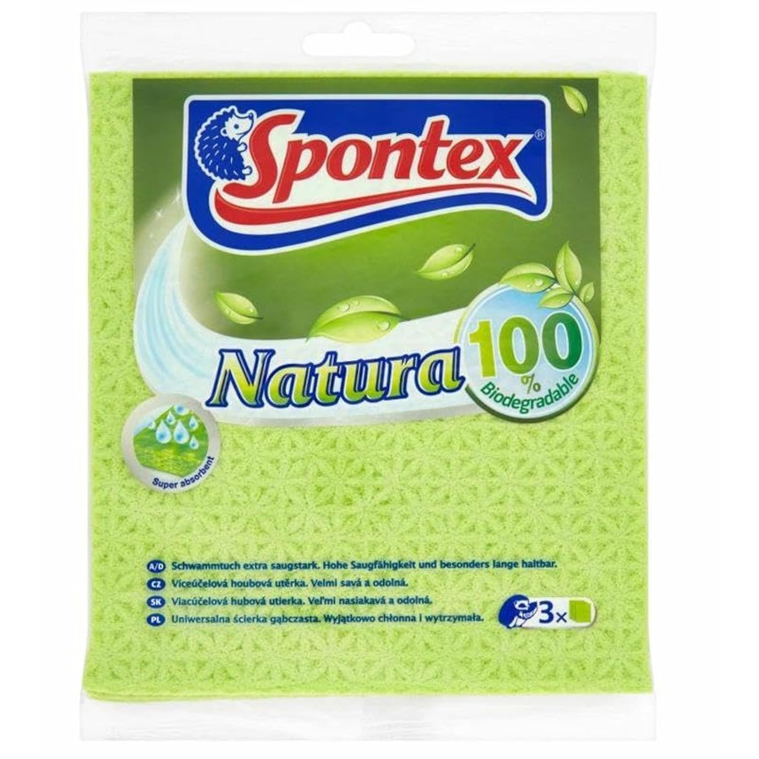 Spontex Natura Sponges Cloth, 100% Biodegradable, Extremely Absorbent and Durable, Serve You a Long Time, Green, 3 Pieces