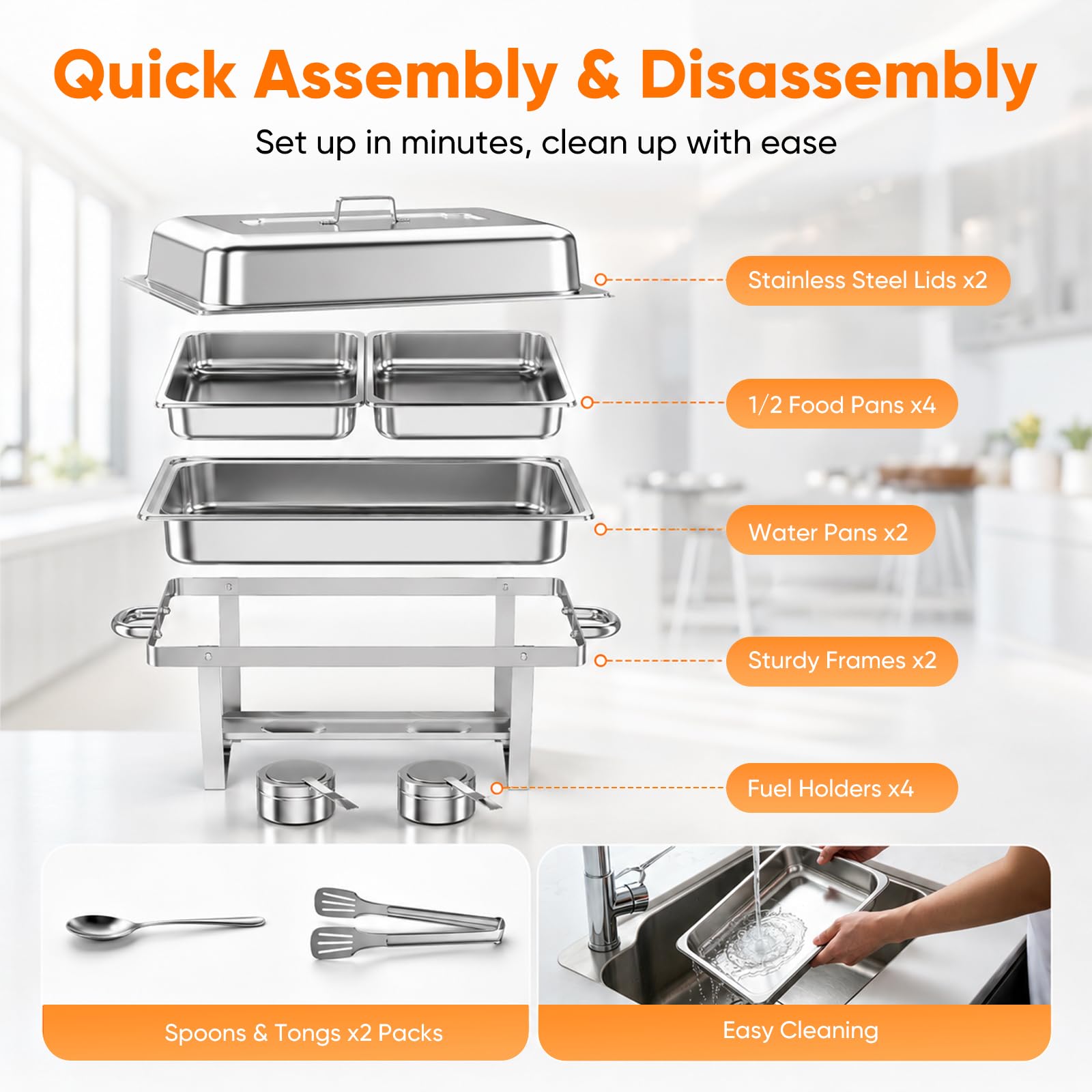 Chafing Dish Buffet Set 9L, 2pcs Edelstahl Warmhaltebehälter mit Deckel Lebensmittelpfannen und Brennstoffhaltern, Speisenwärmer für Catering, Buffet und Party Speisenwärmer