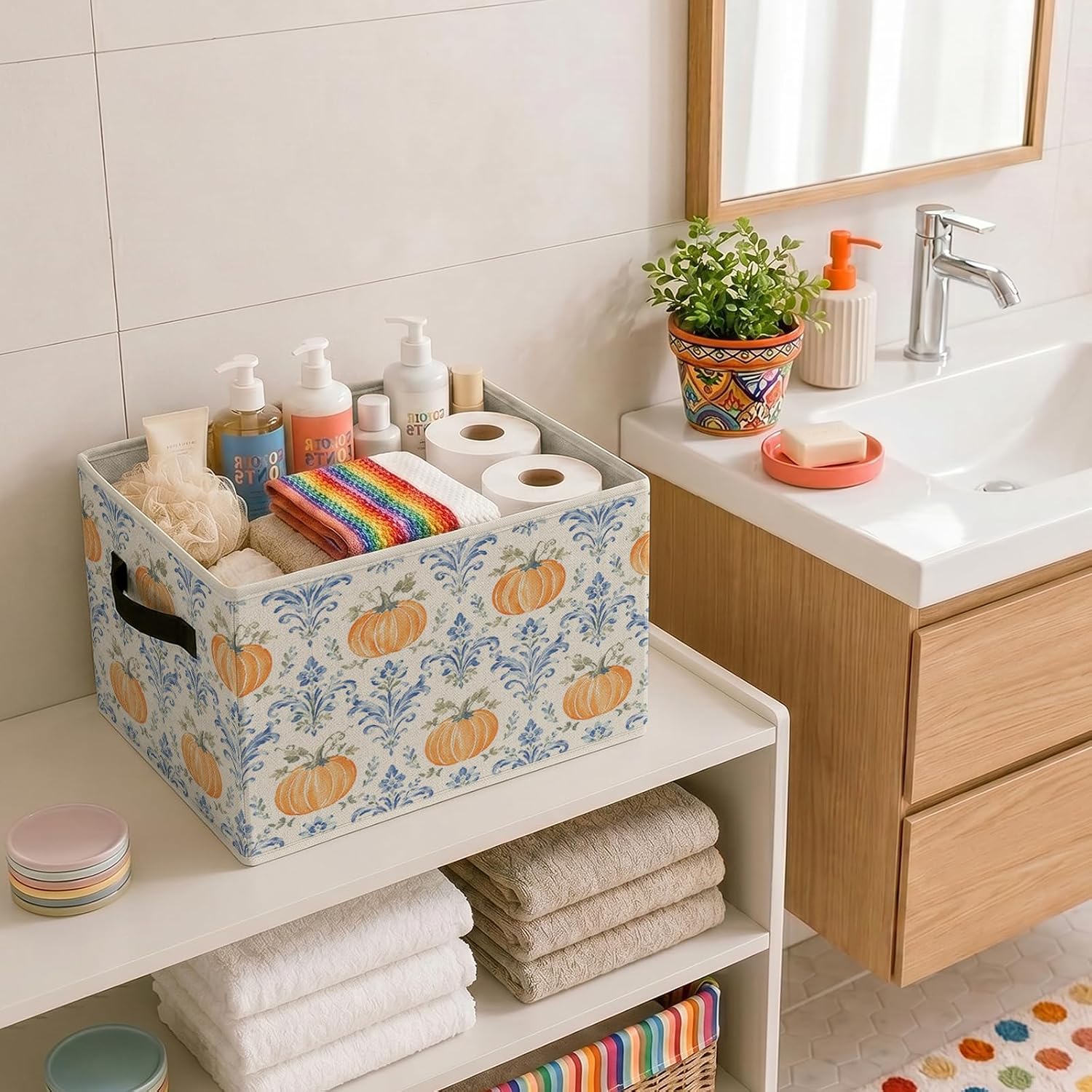 Grandmillennial Pumpkins Fall Foldable Storage Bins with Handles