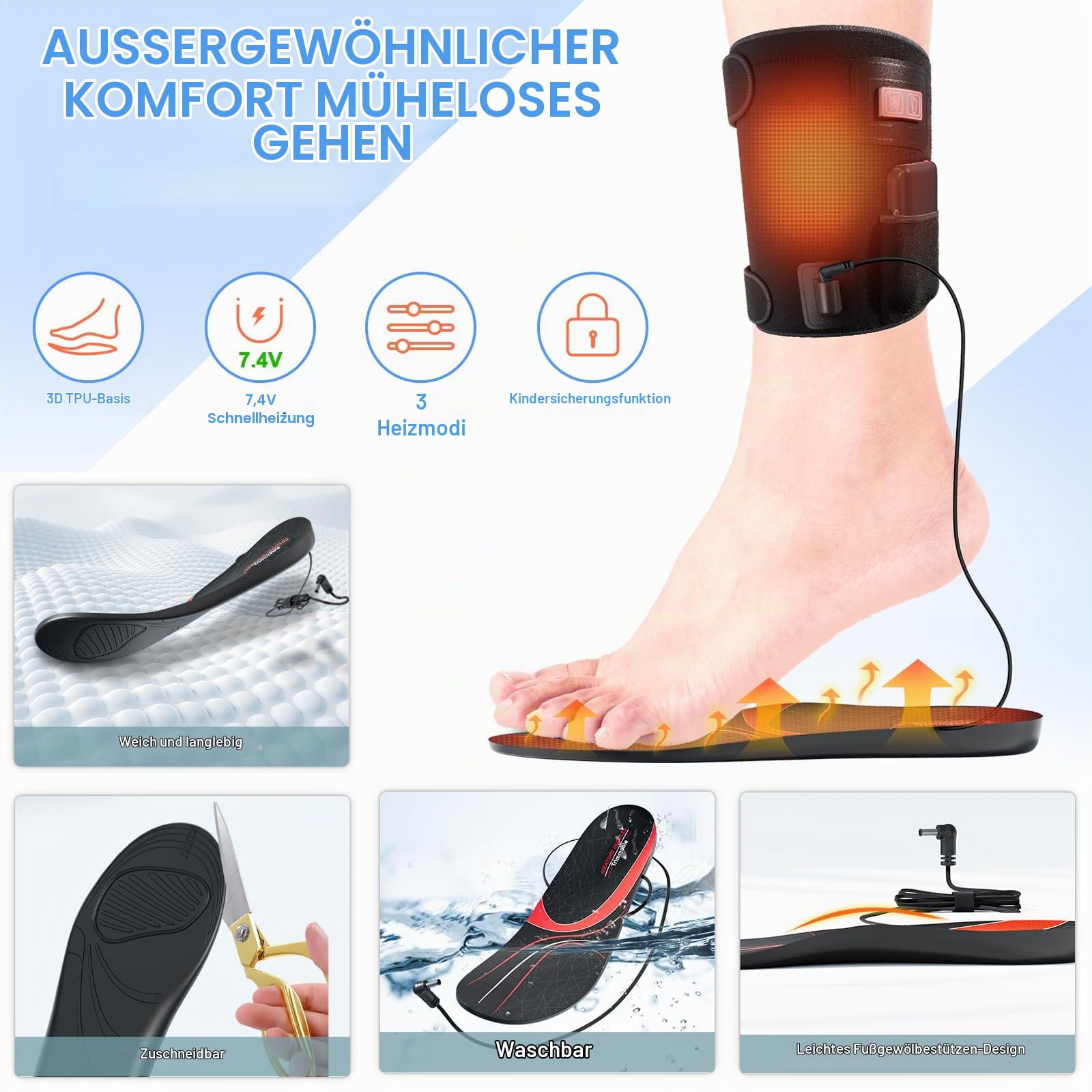 Beheizbare Einlegesohlen, Rtdep 7.4V Heizsohlen für Schuhe, Beheizte Knieschützer, Wärmesohlen, Beheizbare Sohlen für Herren Damen, Fußwärmer mit 3000 mAh Akku,Thermosohlen für Ski, Jagd, Wandern(S)