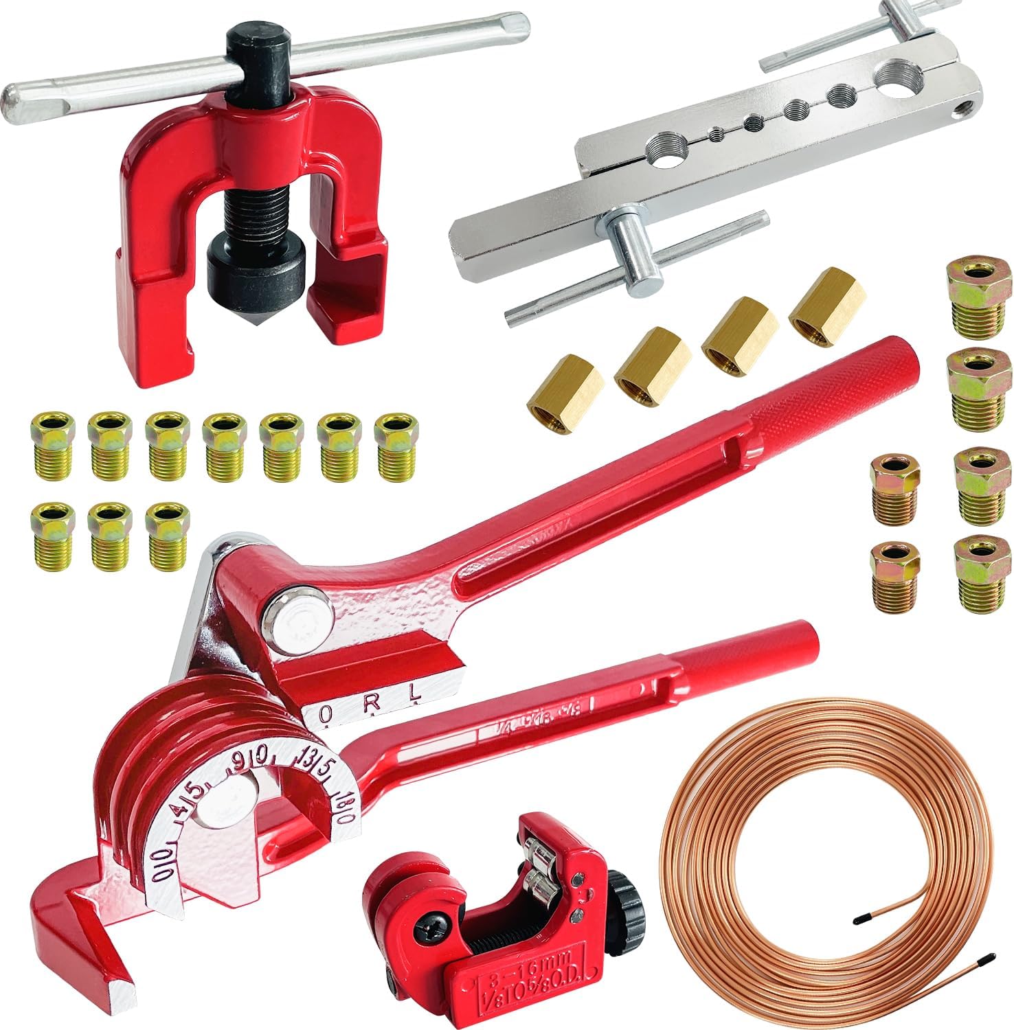 3/16 Inch Brake Line Kit Include 25 FT Copper-Plated Brake Lines with 20pcs Fitting, Single Flare Tool, Brake line Bender and Tube Cutter, 3/16 Inch Brake Line Tools kit