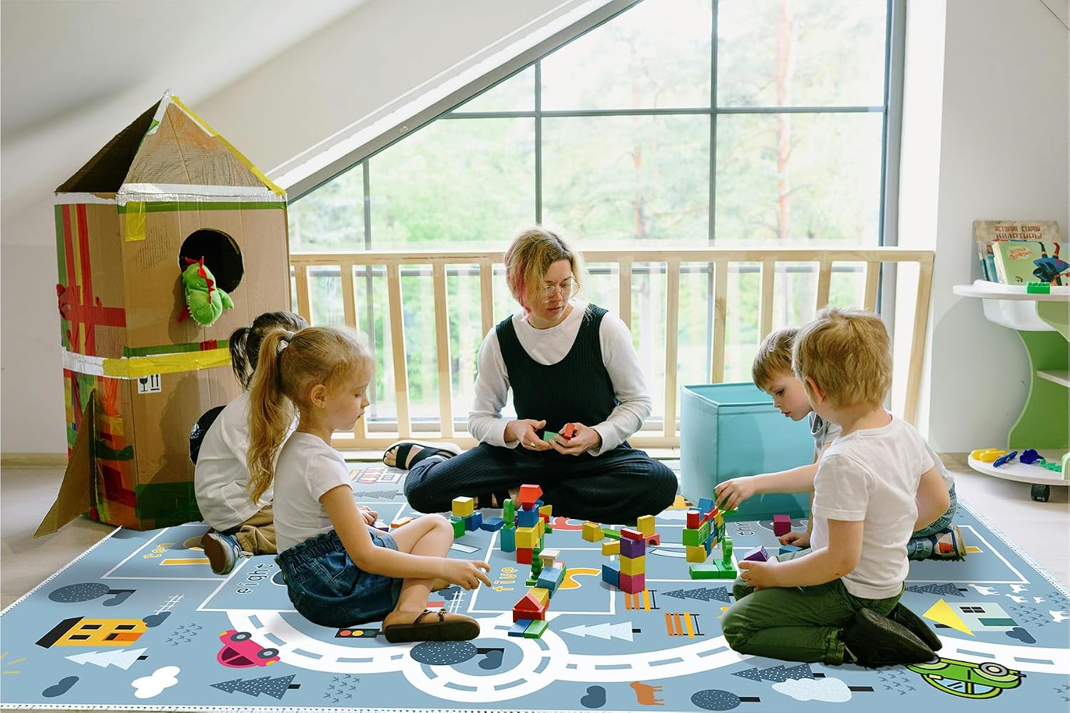 hopscotch Rug - Kid's Interactive Game Rug [Super Large Size] 4'x6' Blue Waterproof and wear-Resistant, can be Used in Bedroom/Living Rooms, Stimulate Sports Fun!