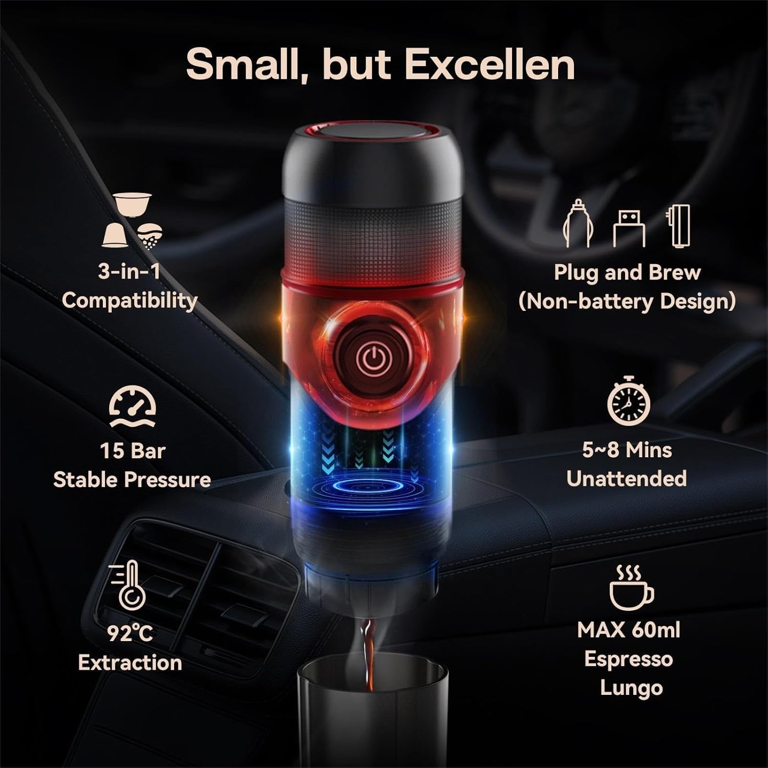 Portable car and home coffee maker, espresso maker, compatible with Dolce Nespresso capsules and ground coffee, DC 12v, H4 equipment (Color : 2 Adapter 1USB, Size : CHINA_EU)