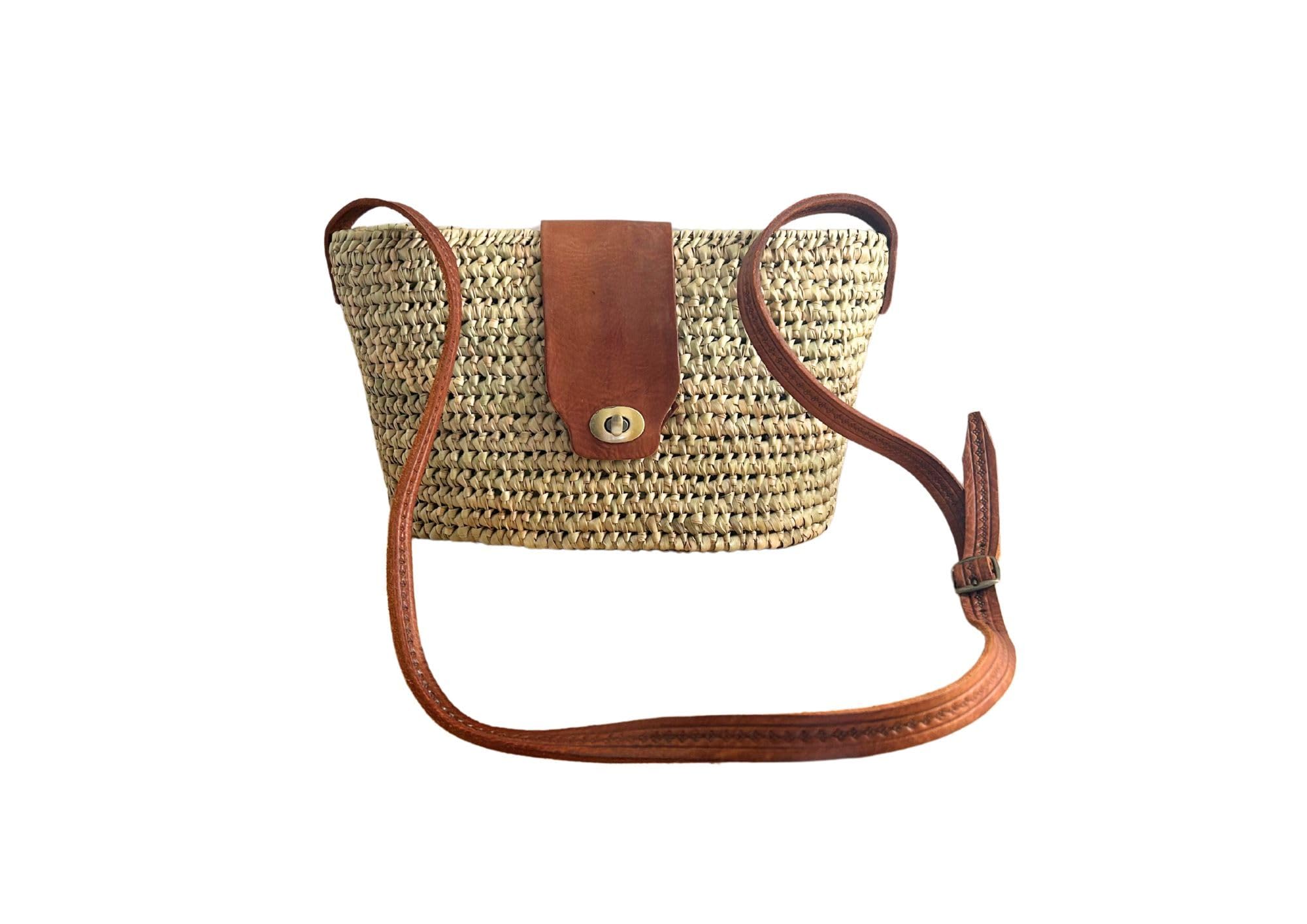 Bolso Bandolera de Mimbre Natural con Detalles en Cuero, Diseño Tejido Artesanal, Estilo Casual