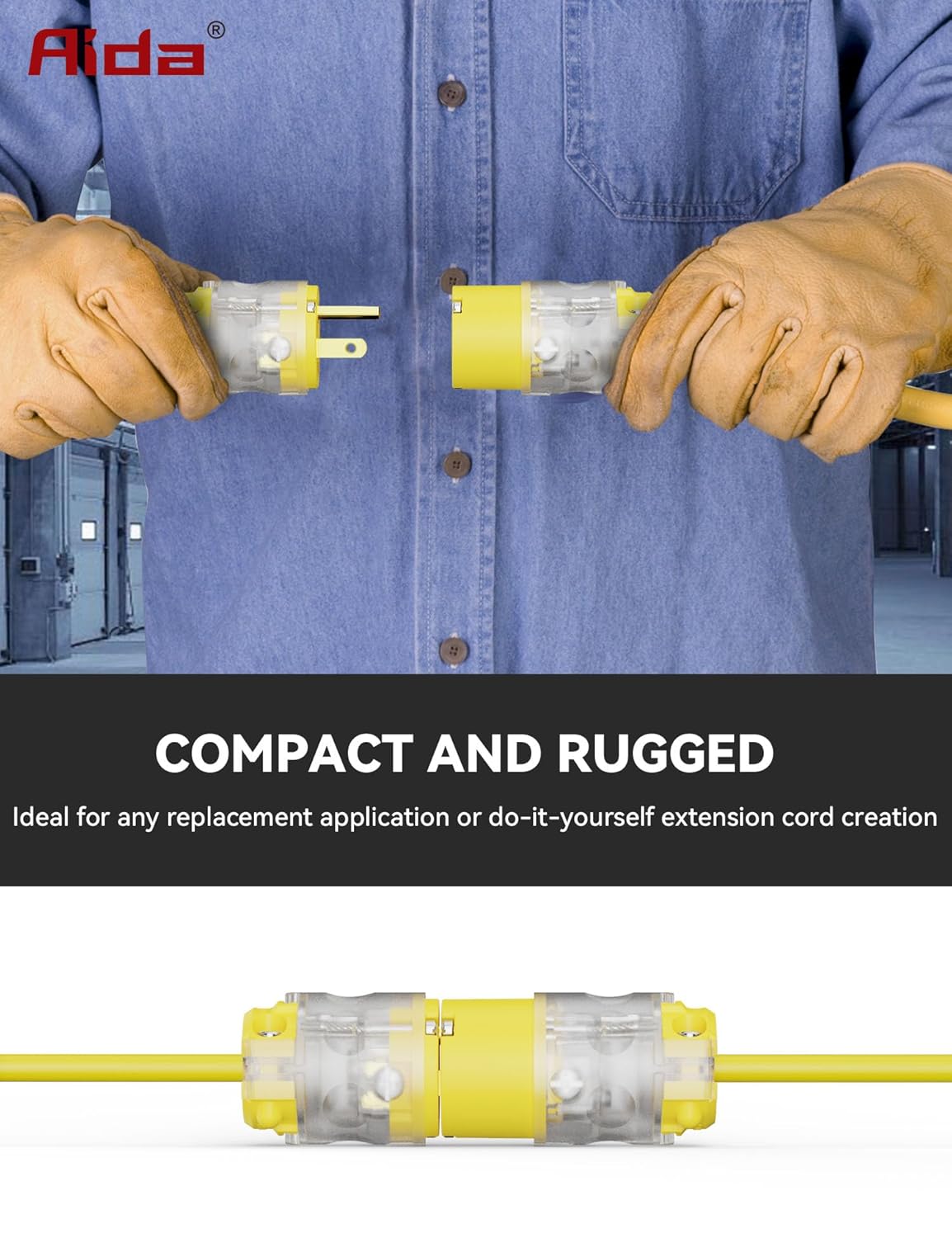AIDA Lighted Plug and Connector Set, Straight Blade Cord End Replacement, 15 Amp 125Volt, NEMA 5-15P & NEMA 5-15R, 2 Pole 3Wire Grounding, Yellow, 5 Set