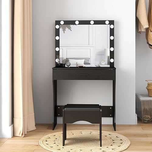 Miniatura 2 de Escritorio de tocador con espejo y luces, juego de tocador de maquillaje con luces ajustables, un cajón, mesa de maquillaje con taburete, escritorio