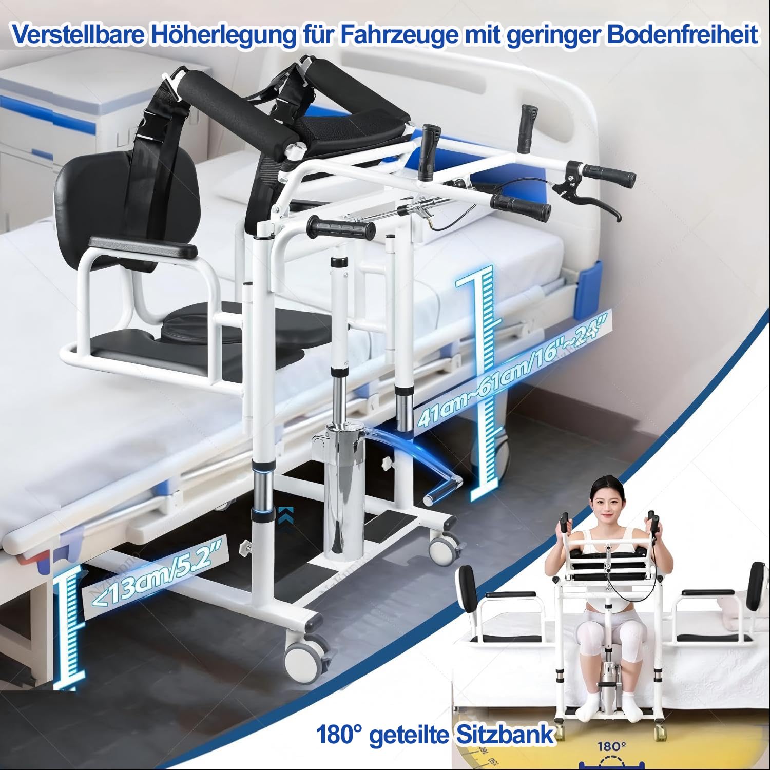 Patientenlifter Transferstuhl, 5-in-1 Hydraulischer Patientenlift-Rollstuhl mit 180° Geteiltem Sitz Tischplatte, Höhenverstellbarer Toiletten- und Duschstuhl für Senioren Zuhause,Blau