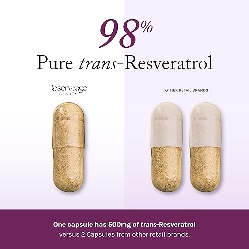 Vista 3 de Reserveage Beauty, Resveratrol 500 mg, suplemento antioxidante para la salud cardíaca y celular, apoya el envejecimiento saludable y el sistema