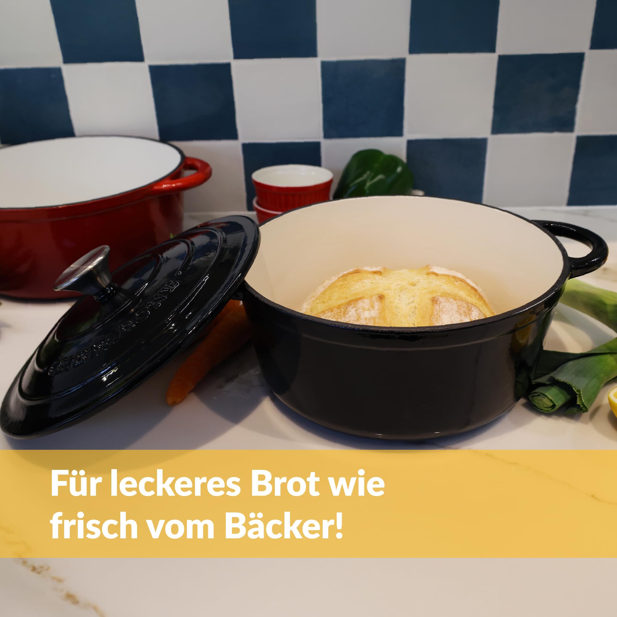 Chefarone Gusseisen Topf 26 cm 4,7 L emailliert - Schmortopf mit Deckel Induktion - Gusseisen Bräter Topf Brot backen - Cocotte emaille - Bratentopf - Brotbacktopf