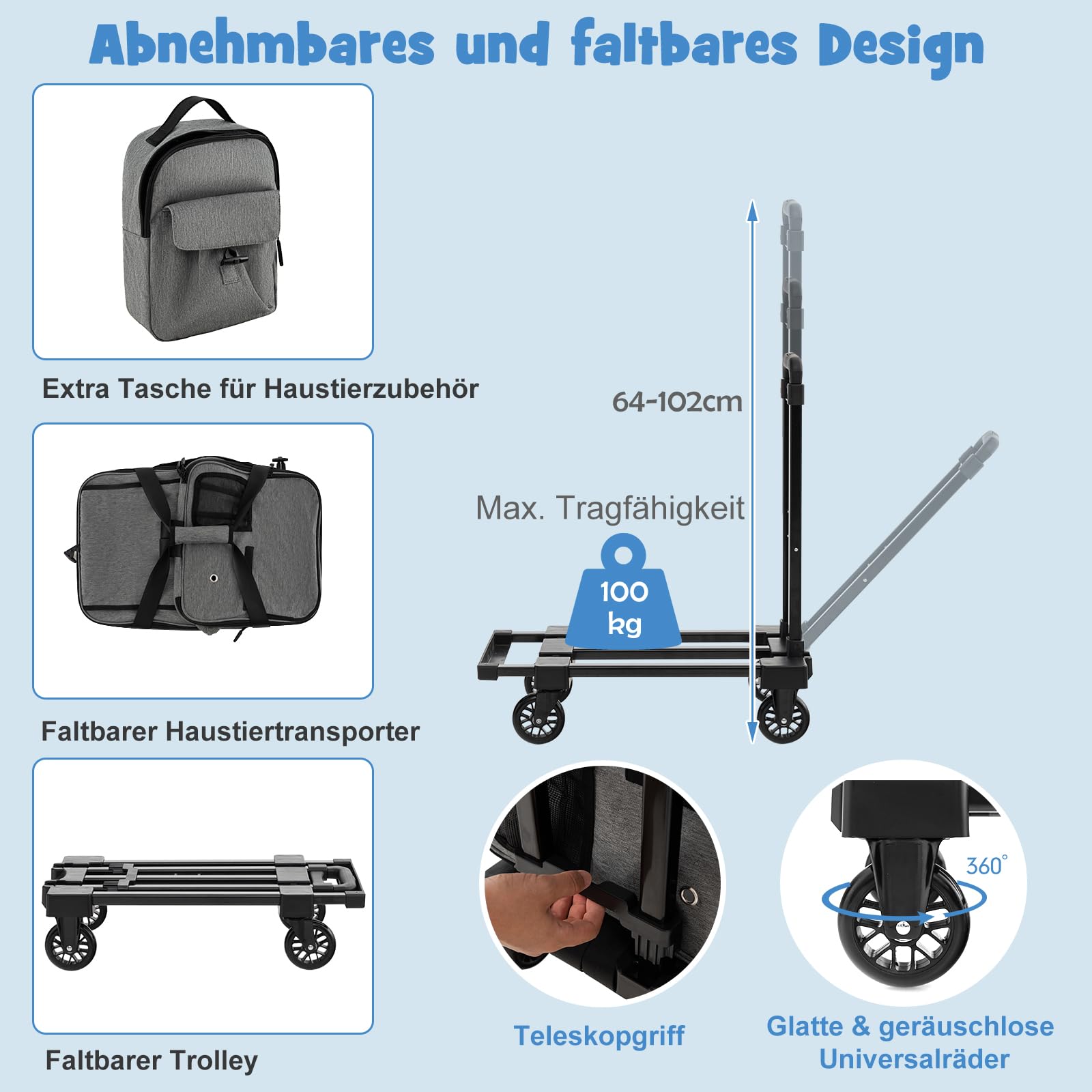 SORAS Transportbox Katze 57 x 34 x 34 cm, Flatbare Transporttasche für Hund mit Rädern, Teleskopgriff, doppelseitigen Kissen, extra Tasche, Reisebox für kleine & mittelgroße Haustiere