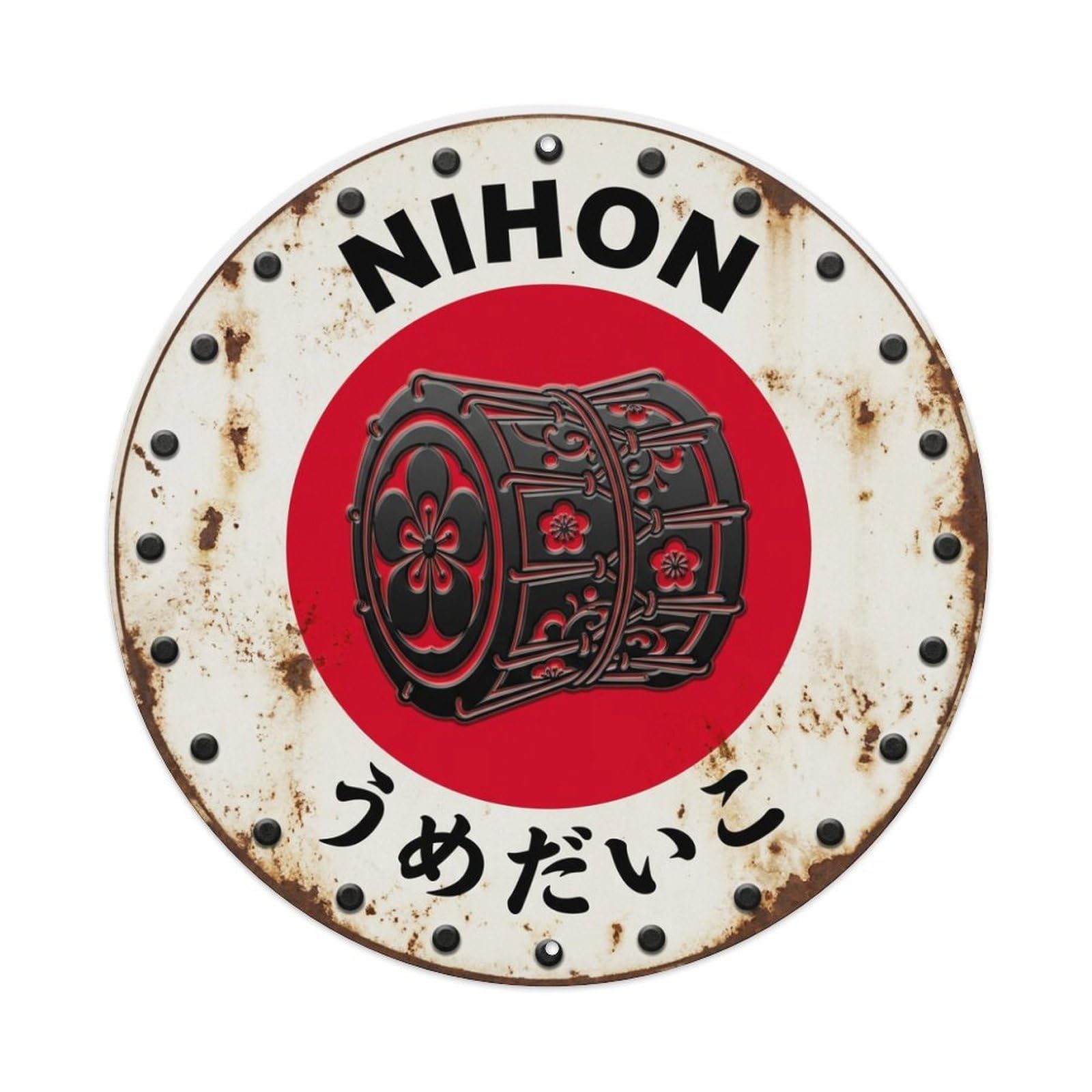 Galvaxio Style Plum Blossom Drum Nihon Spring Flower Aged Metal Tin Sign