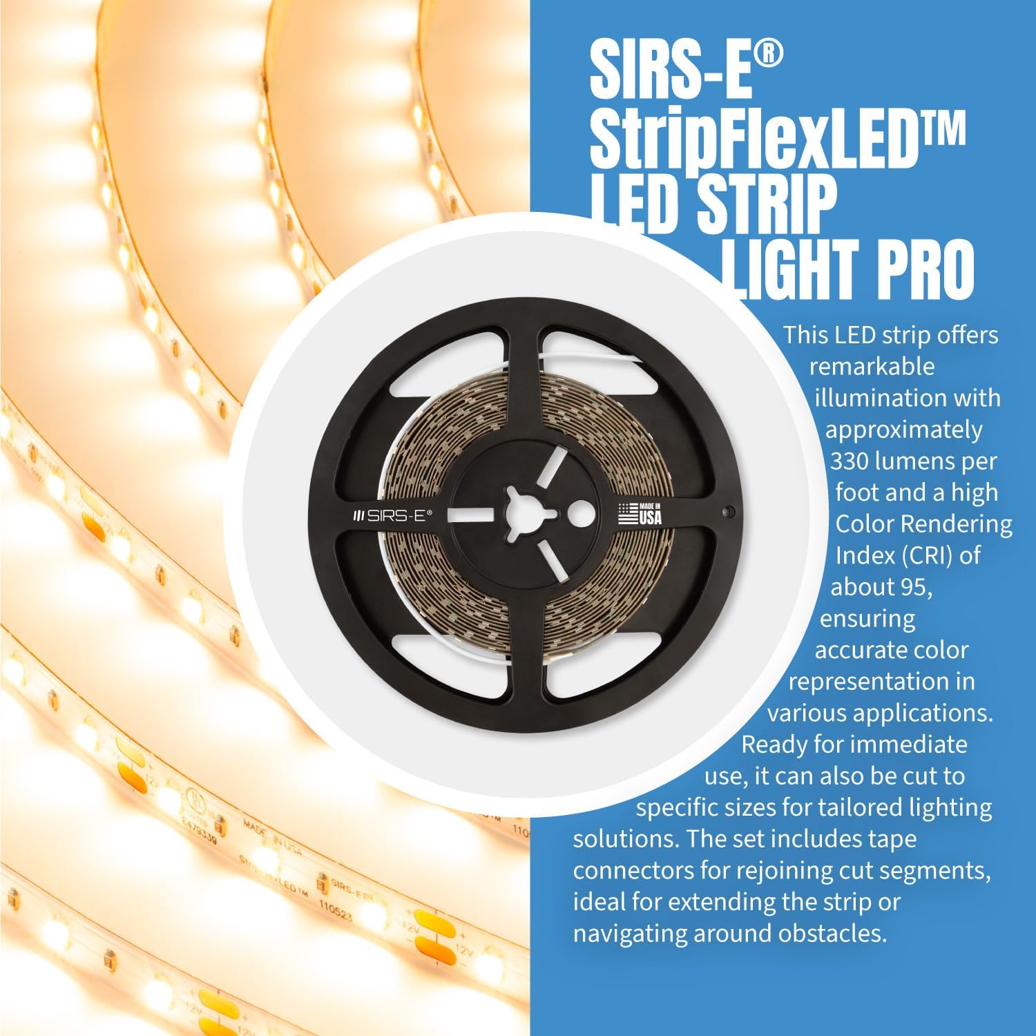 SIRS-E StripFlexLED White LED Strip Lights, 12V 60 LEDs/m 3000K Soft White, 16.4 ft. (5m), UL Listed, Made in USA, Professional Grade Flexible Tape for Versatile Lighting