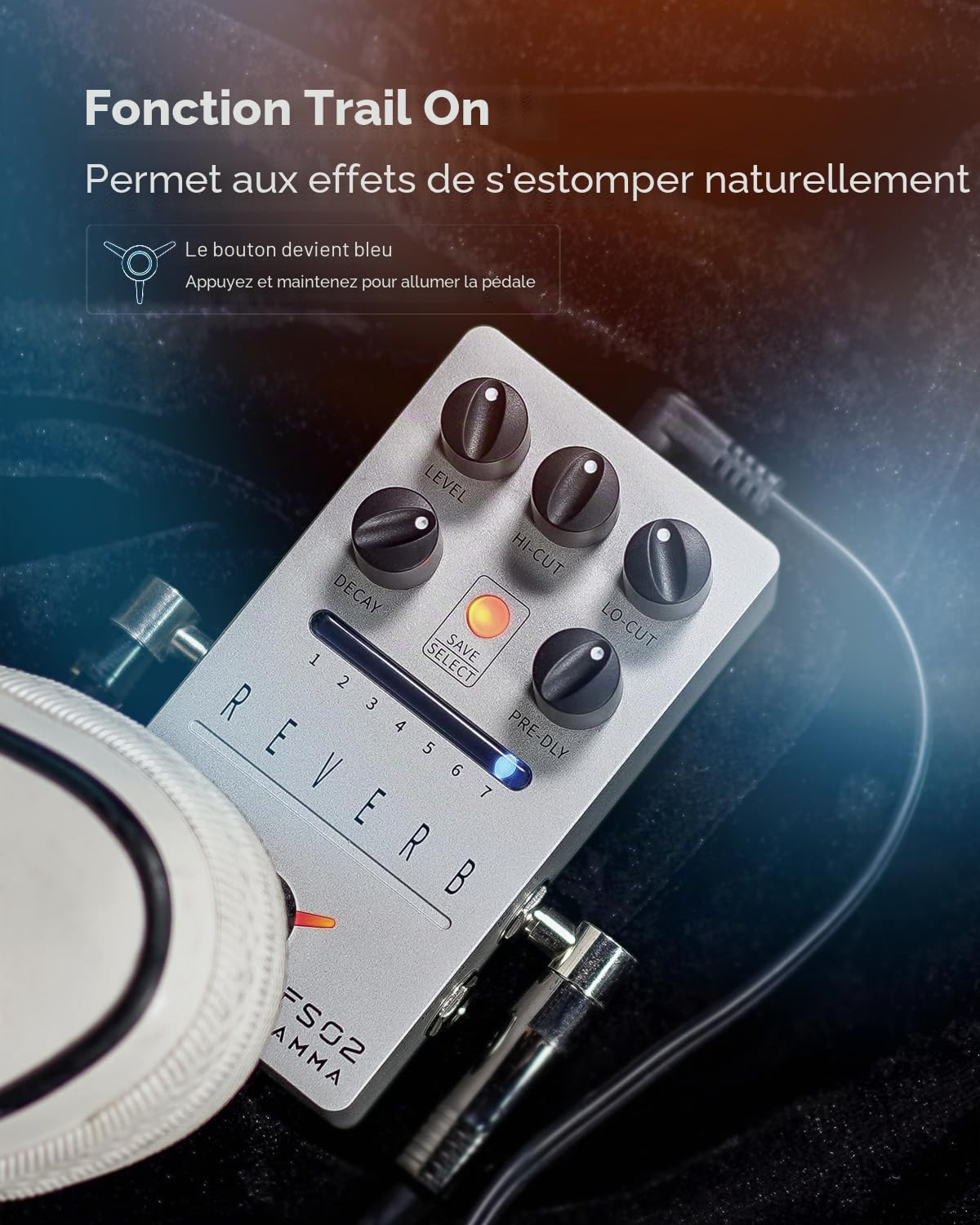 FLAMMA Pédale de réverbération FS02 pour guitare stéréo avec 7 emplacements prédéfinis stockables, 7 effets de réverbération pour chambre, couloir, église, grotte, ressort Mod True Bypass Trail On