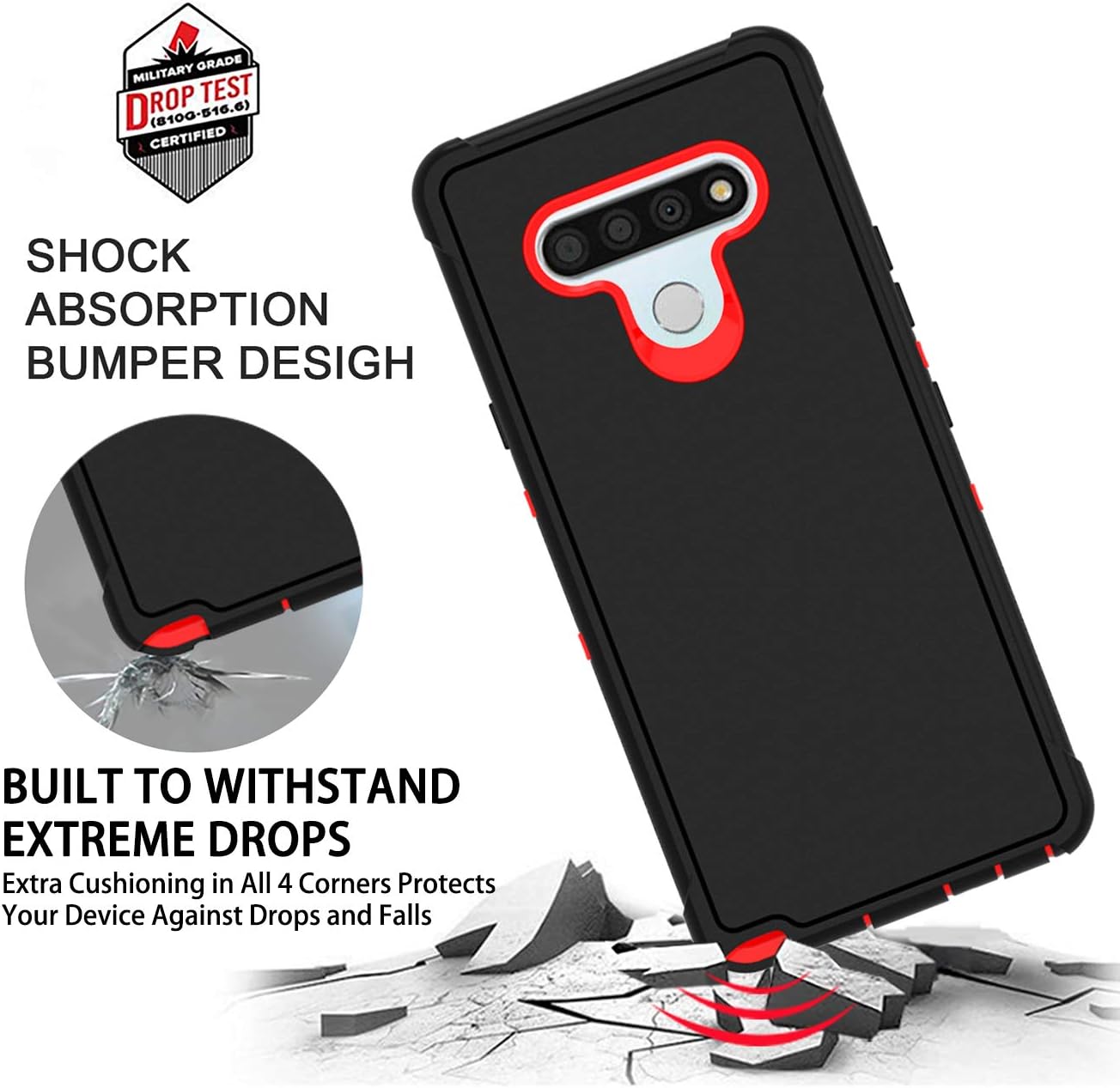 PhuLok Compatible with LG Stylo 6 Case with HD Screen Protector, Heavy Duty Armor Dual Layer Full Body Protective Shockproof Sports Anti-Scratches Non-Slip Bumper Rugged(Black/Red)