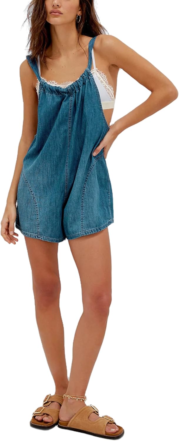 Unilexi Womens Casual Denim Backless Shorts Romper Loose Adjustable Straps Jeans Shorts Overalls with Pockets - Image 2