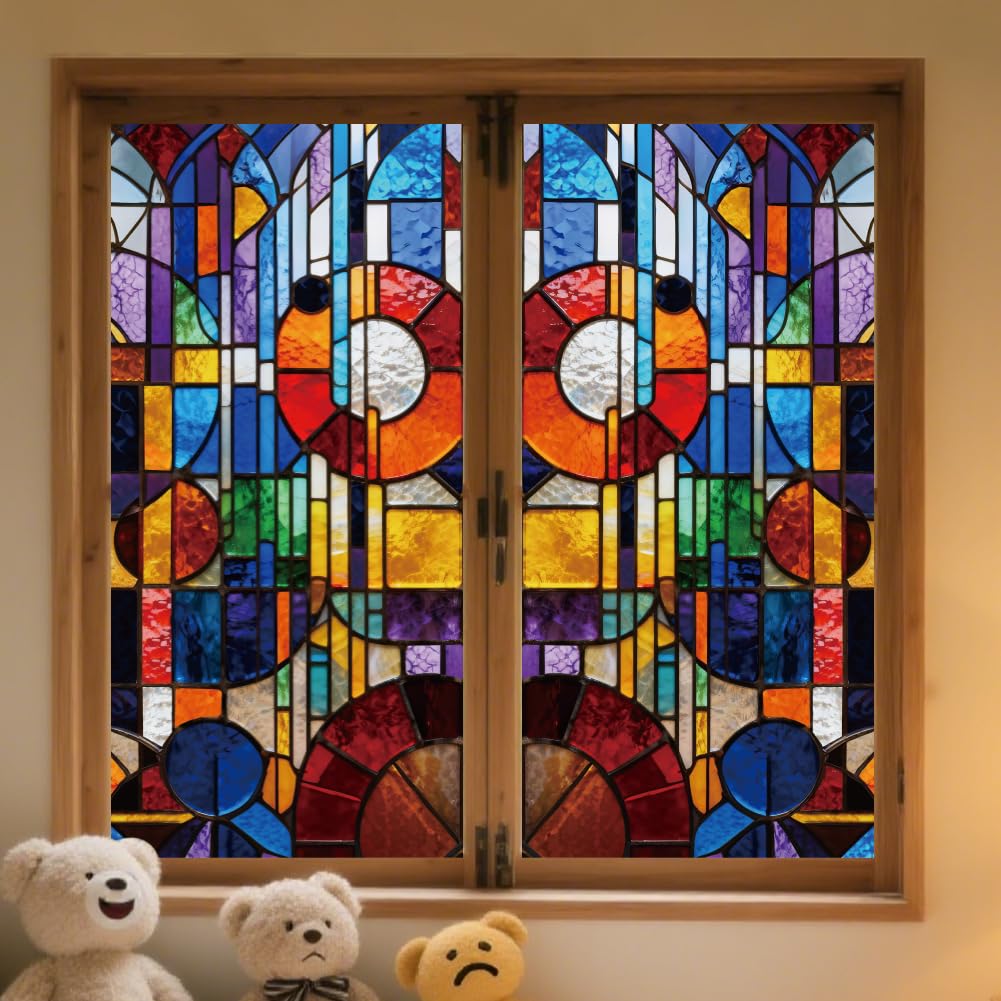 ANATTASOUL Spring Static Window Stickers Large Geometric Stained Glass Reusable Window Clings for Glass, 47.24" x 11.8" Removable Double Sided Window Decals for Room Office Home Kitchen Decoration