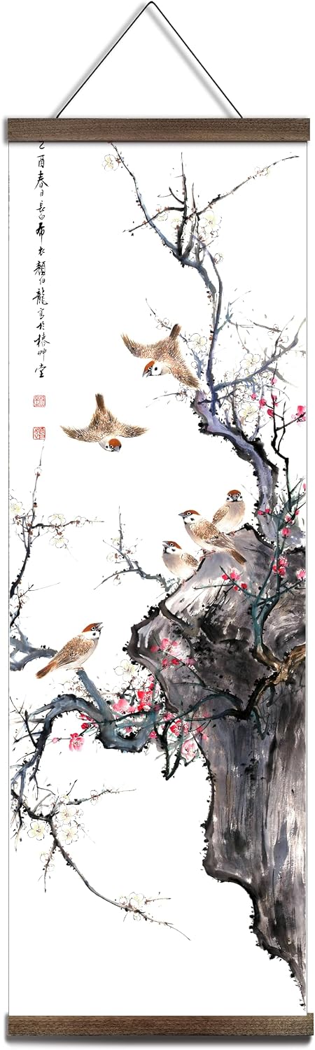 jszip Chinese Traditional Hand-Painted Bird and Flower Wall Art, Black Walnut Wood Scroll Frame, 35.5x12 Inch, 4 Panel Set, Asian Living Room Decor | Black Walnut Wood Scroll Frame, 4 Panel Set, Traditional Style, Asian Living Room Decor