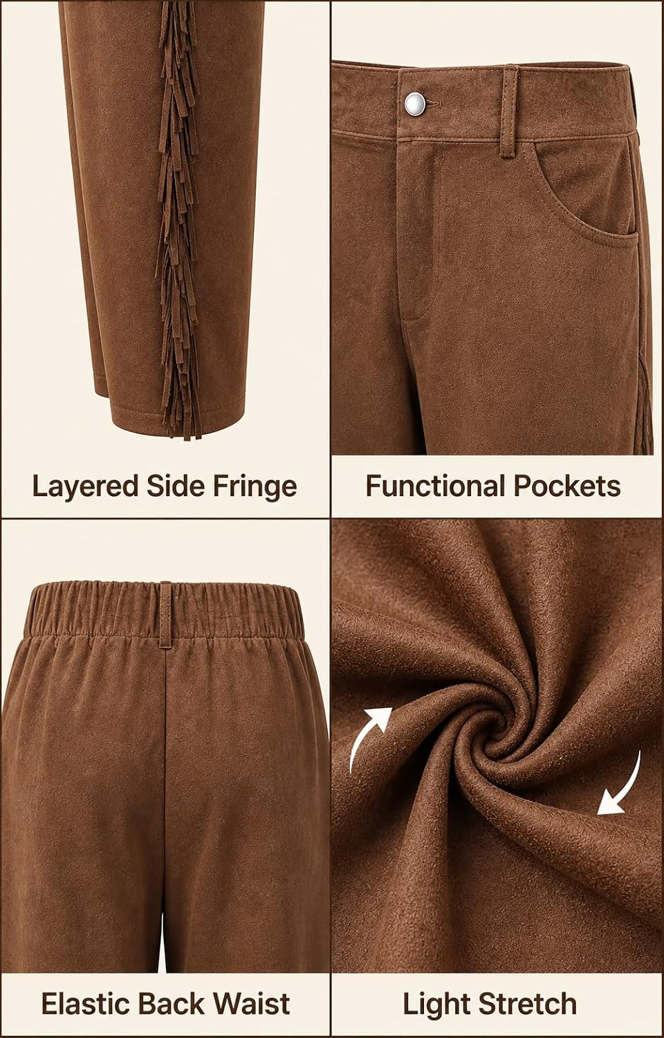 Men's Western Fringe Pants, Brown Wide Leg Retro Casual Cowboy Trousers