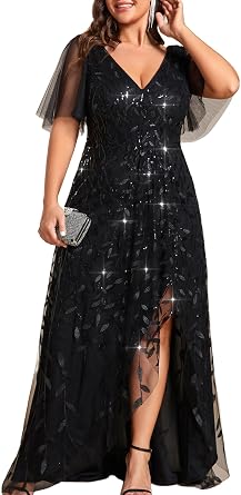 Ever-Pretty Women's Sequin Short Sleeve Plus Size Formal Dresses A Line High Low Slit V Neck Evening Dress