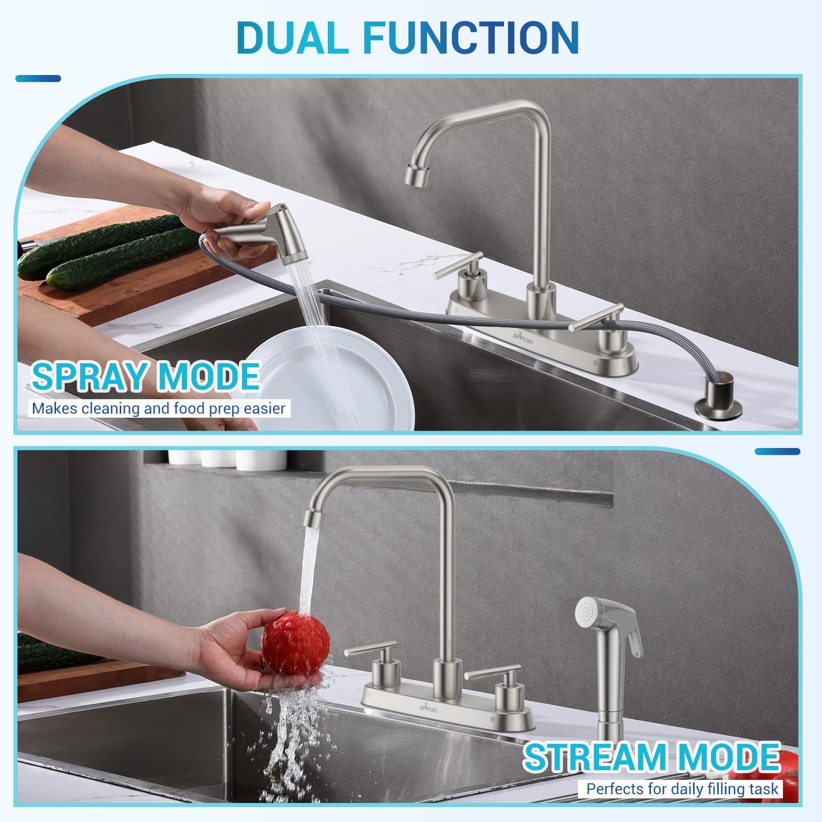 APPASO Grifo de cocina con pulverizador lateral, grifo de fregadero de cocina de níquel cepillado, grifo de cocina de 4 agujeros, grifo de acero inoxidable para fregadero de cocina, grifo de cocina de