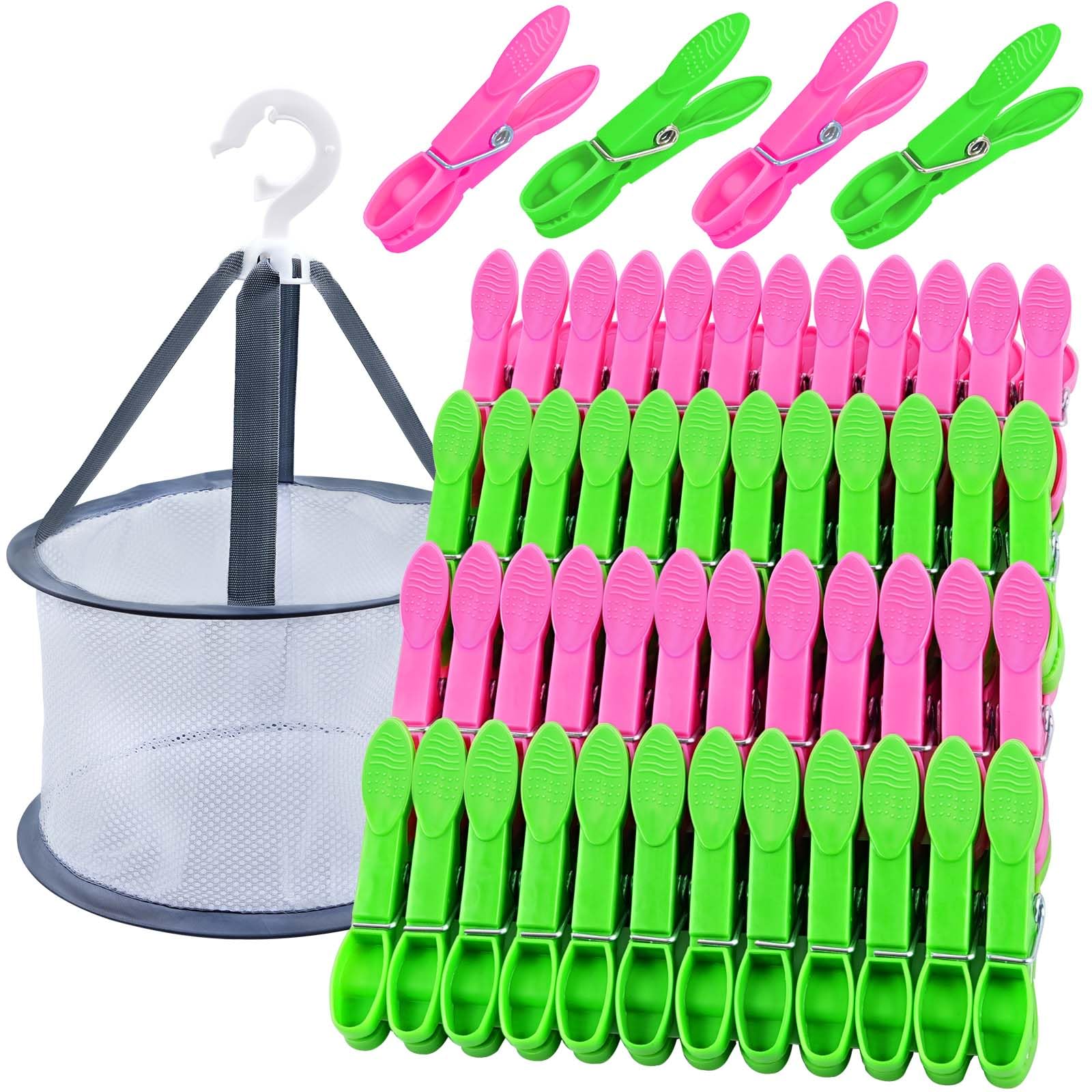 KEYBOO Pack of 48 Clothes Pegs with Clothes Pegs Basket, Windproof Colourful Peg Bags for Clothes Pegs, Plastic Clothes Pegs Without Imprint Sock Clips for Washing Lines and Clothes, Socks