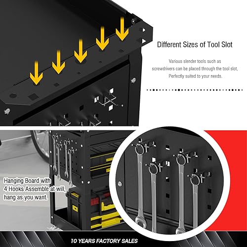 Miniatura 4 de Carrito de utilidad resistente de 3 niveles con ruedas, carrito de herramientas rodante sobre ruedas con un cajón, capacidad de carga de 350 libras,