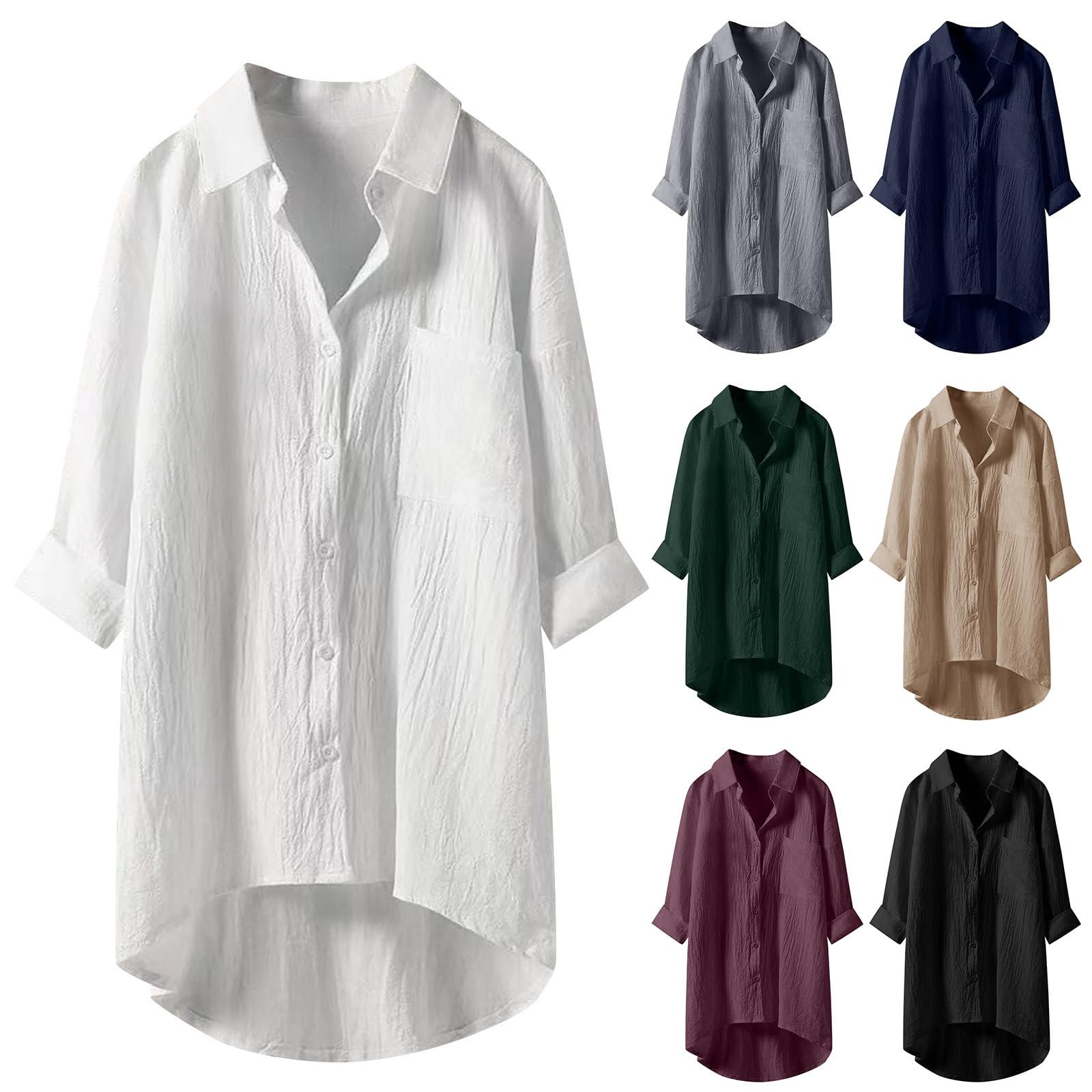 Générique Chemise Femme Manches Longues Anti UV, Chemise De Plage en Lin Femme, Chemisier Revers Haut avec Bouton Top Large Confortable Chemisier Couleur Unie Blouse Grande Taille Chemises Été S-3Xl